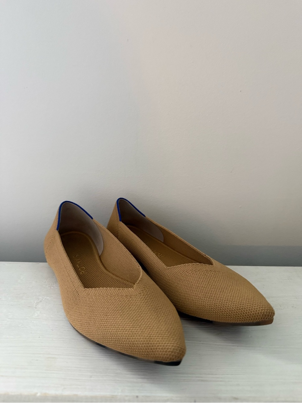Rothy's Camel/Tan Pointed Knit Flats with Blue Trim